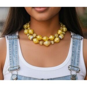Vintage 1950s Yellow Lucite Crackle Glass Double Strand Necklace AB Wedding Cake